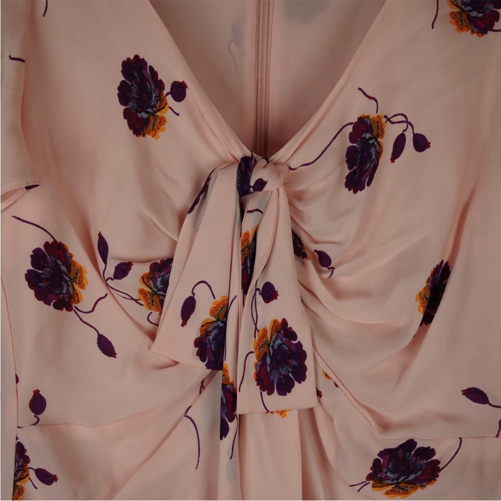 Cinq a Sept Midi Dress Blush Pink Floral Print Ruffle Trim Sz 4 Silk Bow Tie - Picture 9 of 15